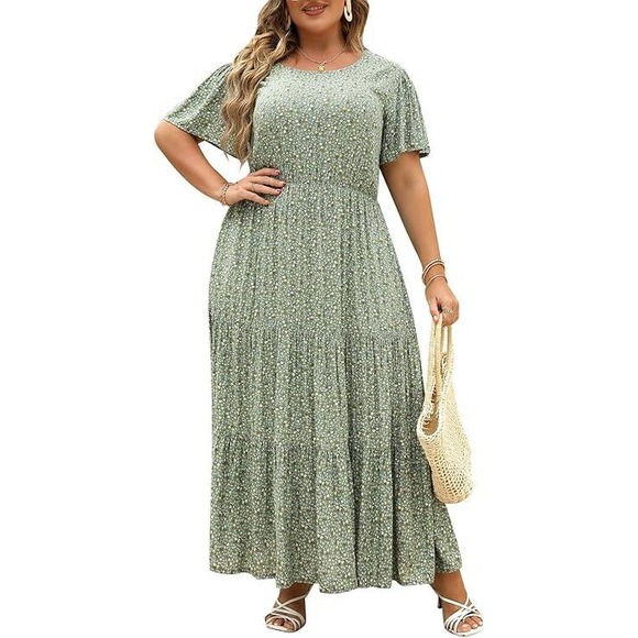 Nemidor Women's Green Floral Maxi Dress Plus Size Tiered Short Sleeve US 18 - Picture 1 of 9